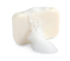 Photo of Soap with fluffy foam isolated on white