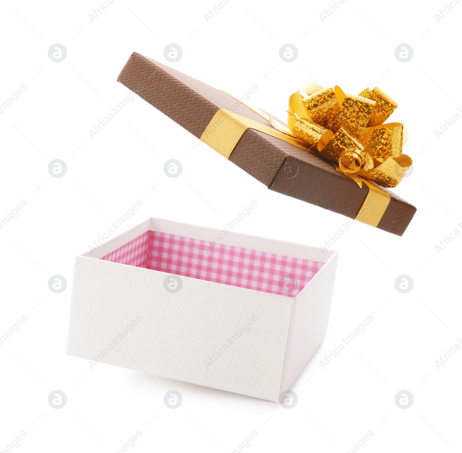 Photo of Open empty gift box with bow on white background