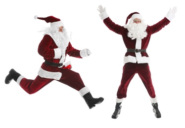 Image of Collage with photos of Santa Claus on white background