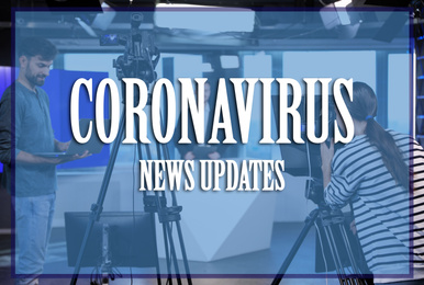 Image of Presenter, director and video camera operator working in studio. Coronavirus pandemic - latest updates