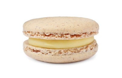 Photo of Beige macaron isolated on white. Delicious dessert