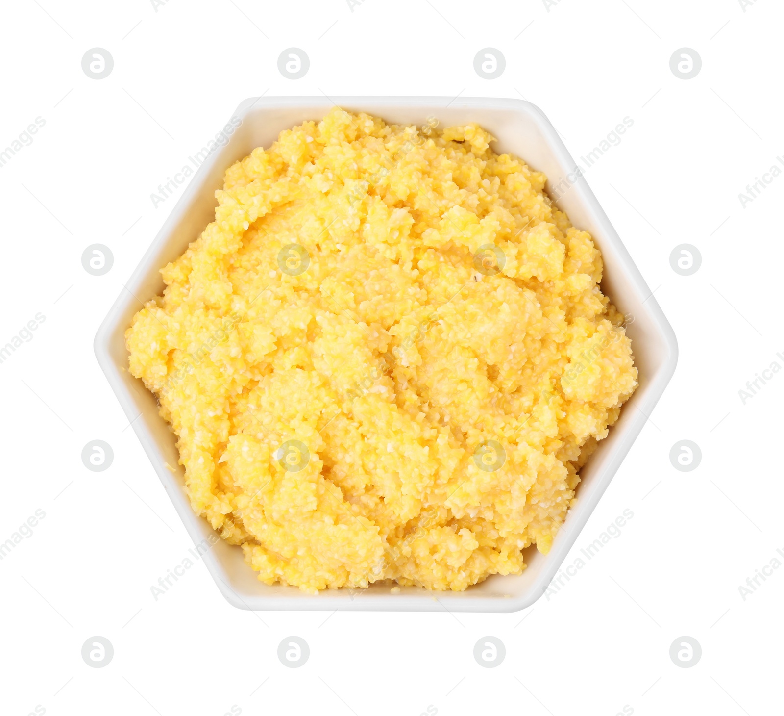 Photo of Cooked cornmeal in bowl isolated on white, top view