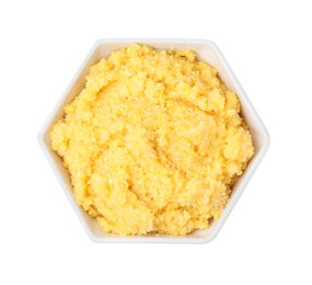 Photo of Cooked cornmeal in bowl isolated on white, top view