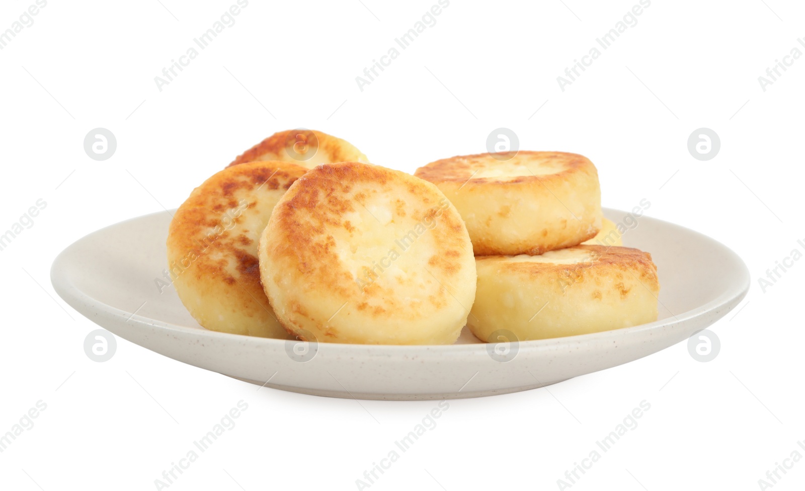 Photo of Delicious cottage cheese pancakes on white background