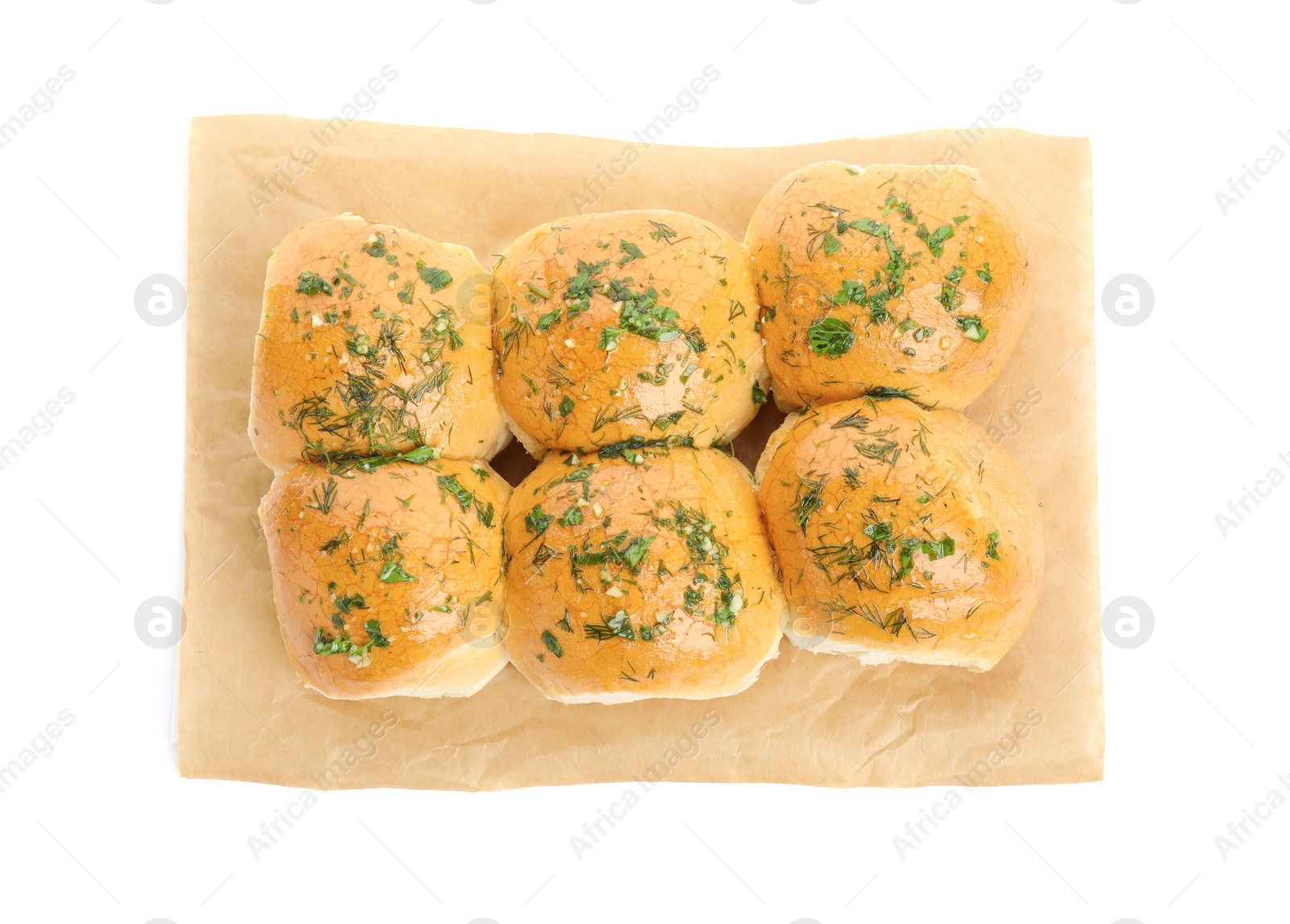 Photo of Traditional pampushka buns with garlic and herbs on white background, top view