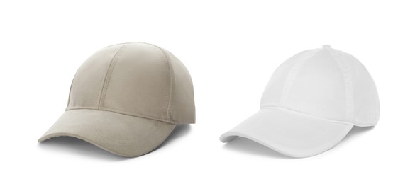 Image of Different baseball caps on white background, collage. Mock up for design