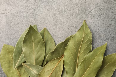 Photo of Aromatic bay leaves on light gray table, top view. Space for text