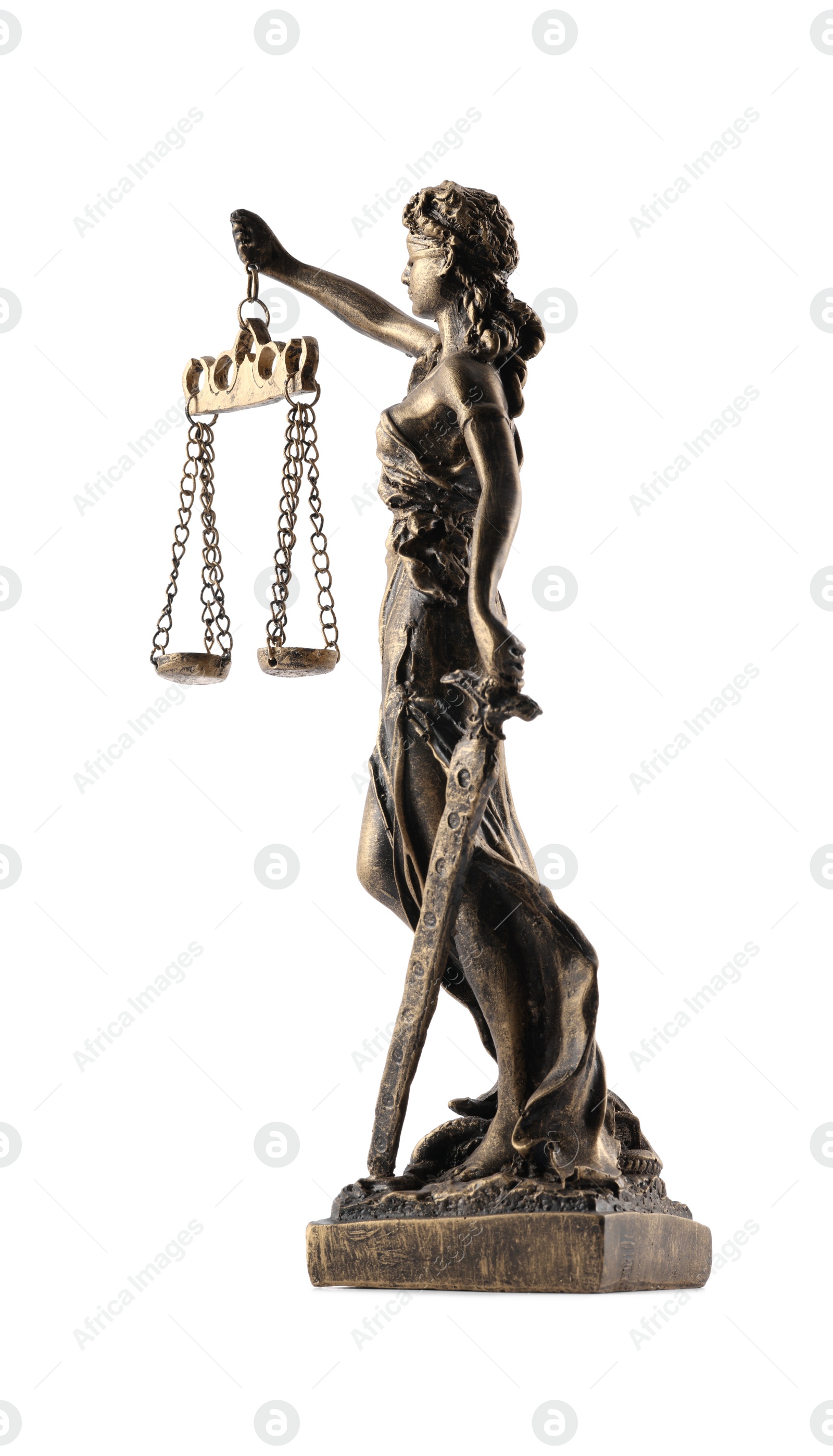 Photo of Statue of Lady Justice isolated on white, side view. Symbol of fair treatment under law