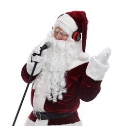 Santa Claus with headphones and microphone on white background. Christmas music