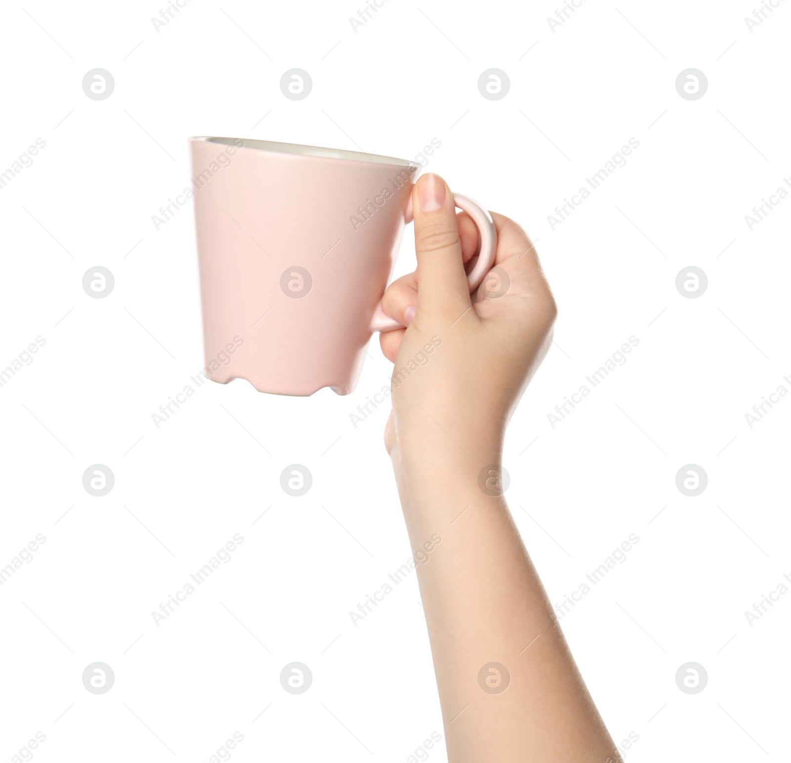 Photo of Woman holding pink cup on white background, closeup