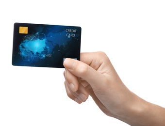 Photo of Woman holding credit card on white background