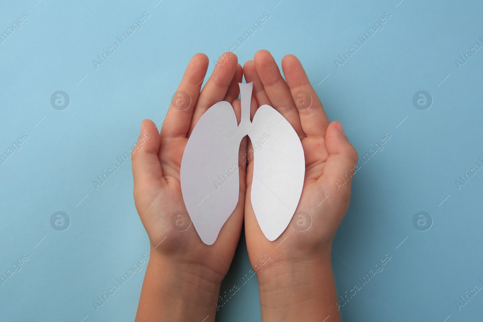 Photo of Child holding paper human lungs on light blue background, top view