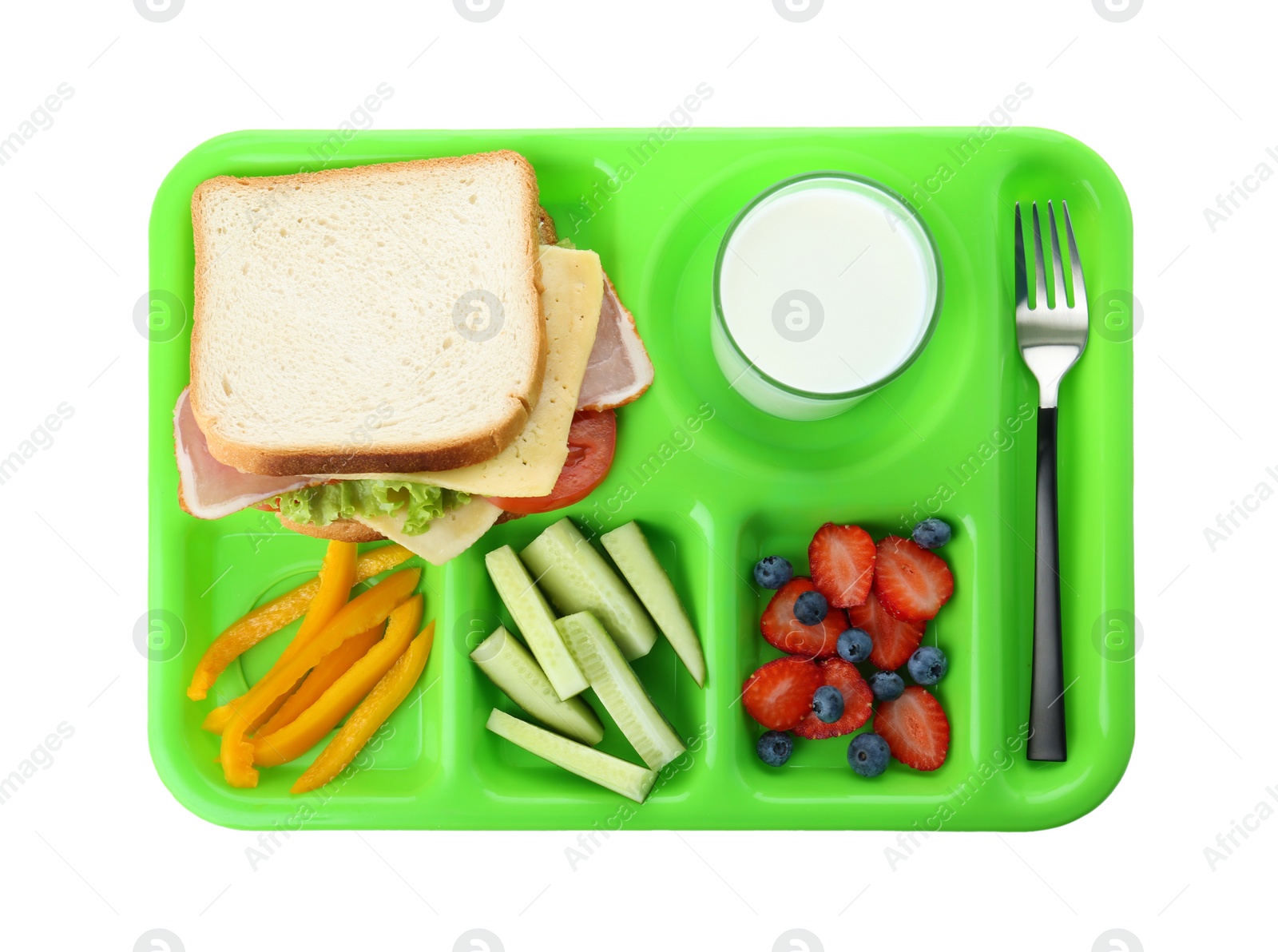 Photo of Serving tray with healthy food on white background, top view. School lunch