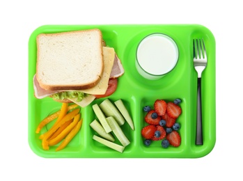 Serving tray with healthy food on white background, top view. School lunch