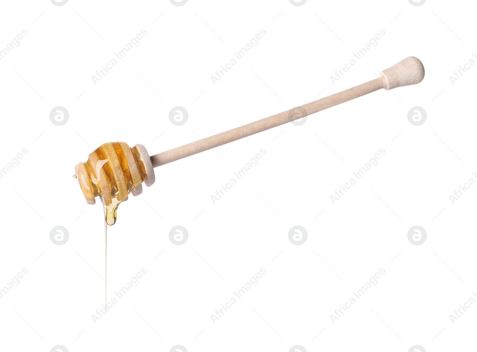 Photo of Fresh honey dripping from dipper on white background