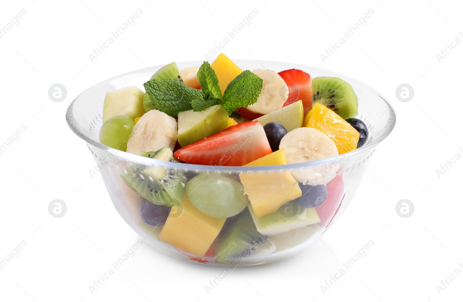 Photo of Delicious fresh fruit salad in glass bowl on white background