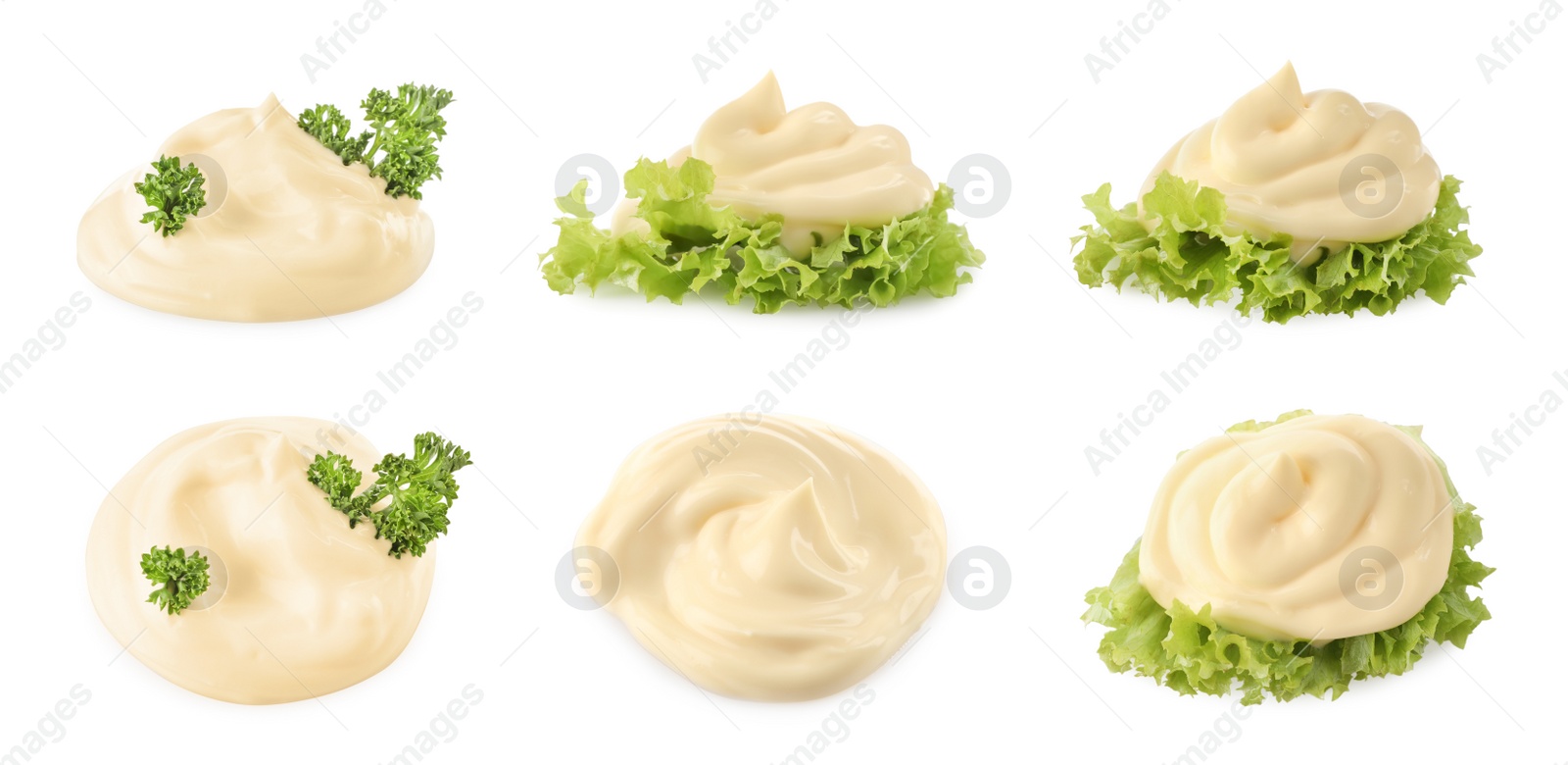 Image of Set with tasty mayonnaise and lettuce on white background. Banner design