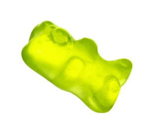 Photo of Delicious yellow jelly bear on white background