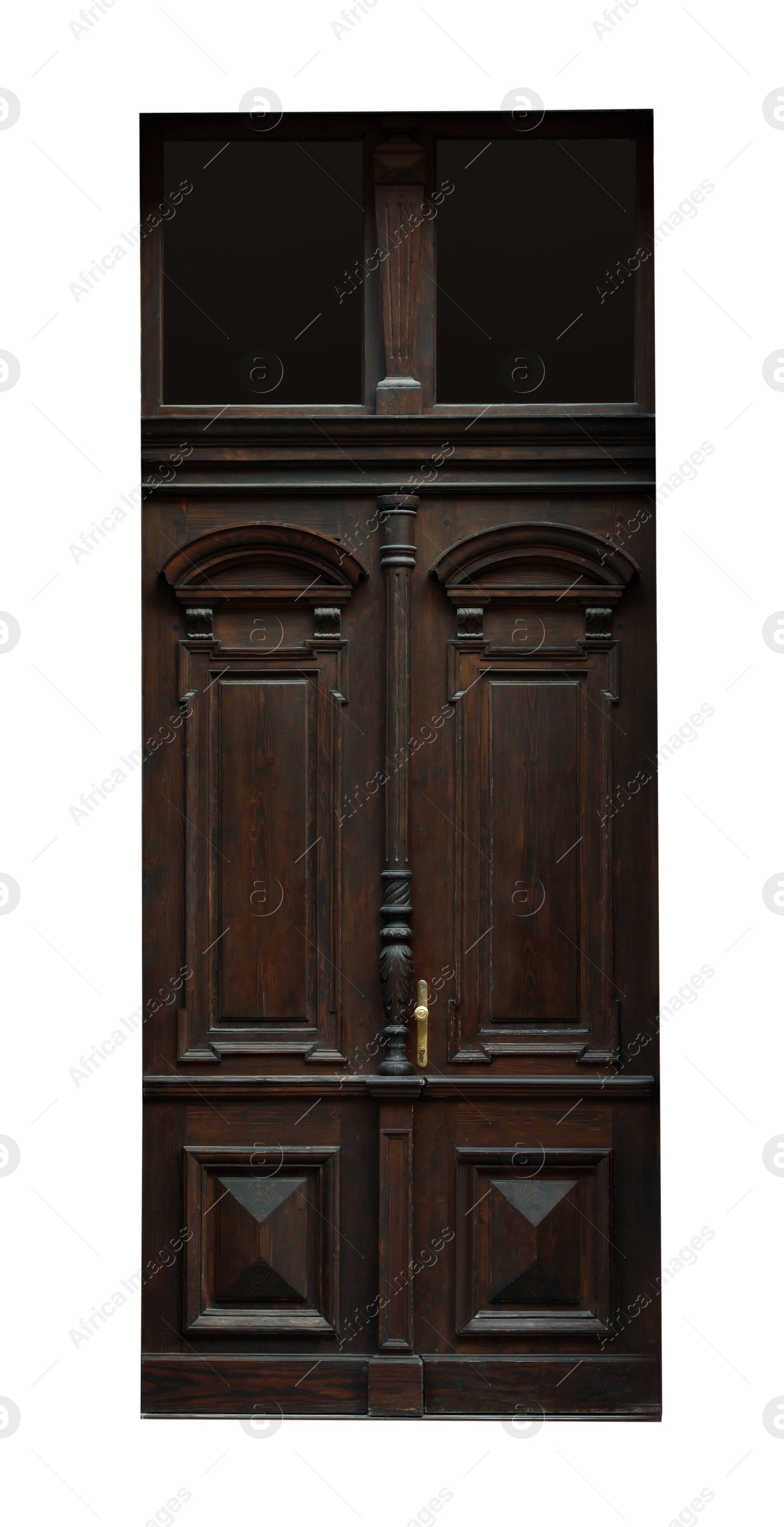 Image of Beautiful old-fashioned wooden door and transom window isolated on white