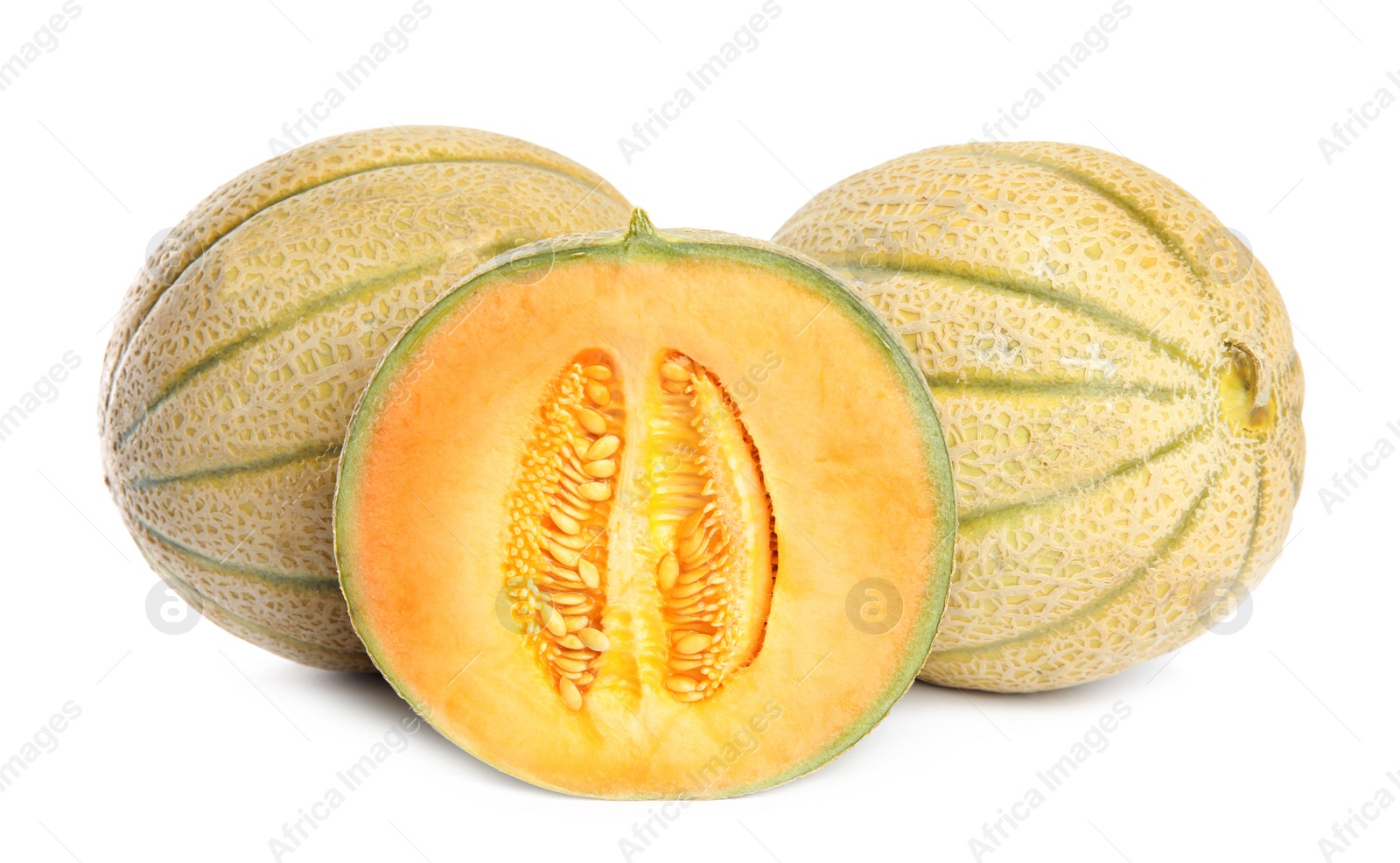 Photo of Tasty cut and whole fresh melons isolated on white