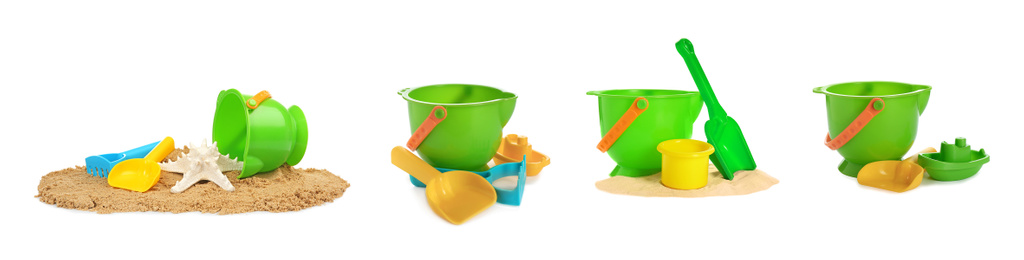 Image of Set of different plastic beach toys on white background. Banner design 