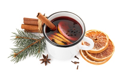 Photo of Composition with mug of mulled wine, cinnamon, orange and fir branch on white background