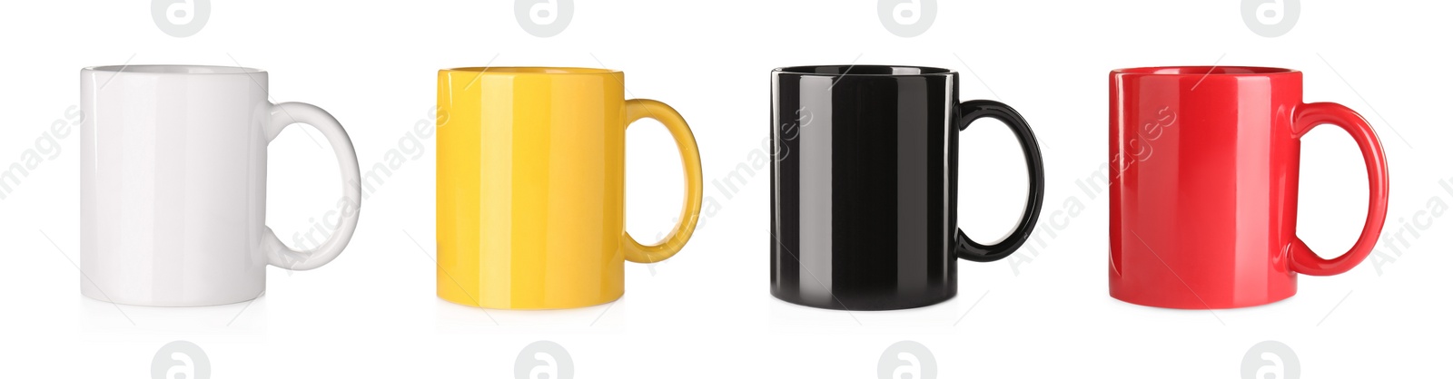 Image of Set with different ceramic mugs on white background. Banner design