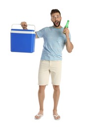 Photo of Emotional man with cool box and bottle of beer on white background