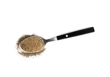 Photo of Spoon of ground black pepper isolated on white, top view
