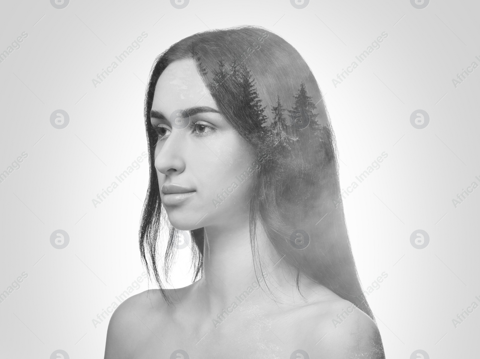 Image of Double exposure of woman and trees on grey background, black and white effect