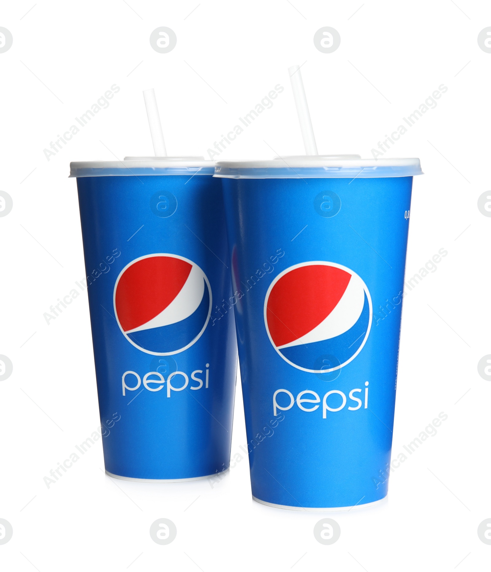 Photo of MYKOLAIV, UKRAINE - JUNE 9, 2021: Paper Pepsi cups with straws isolated on white
