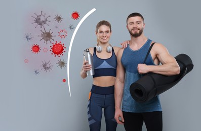 Image of Sporty friends on grey background. Strong immunity - shield against viruses