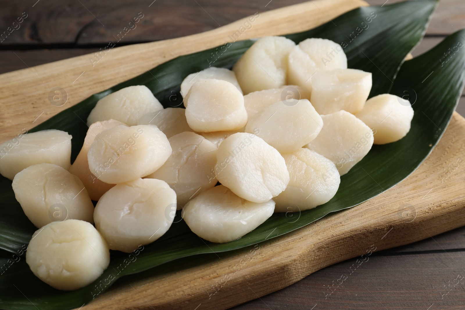 Photo of Fresh raw scallops on wooden table, closeup