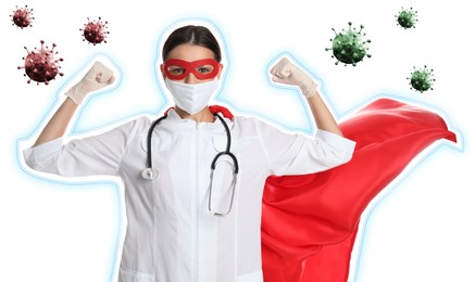 Image of Doctor wearing face mask and superhero costume ready to fight against viruses on white background