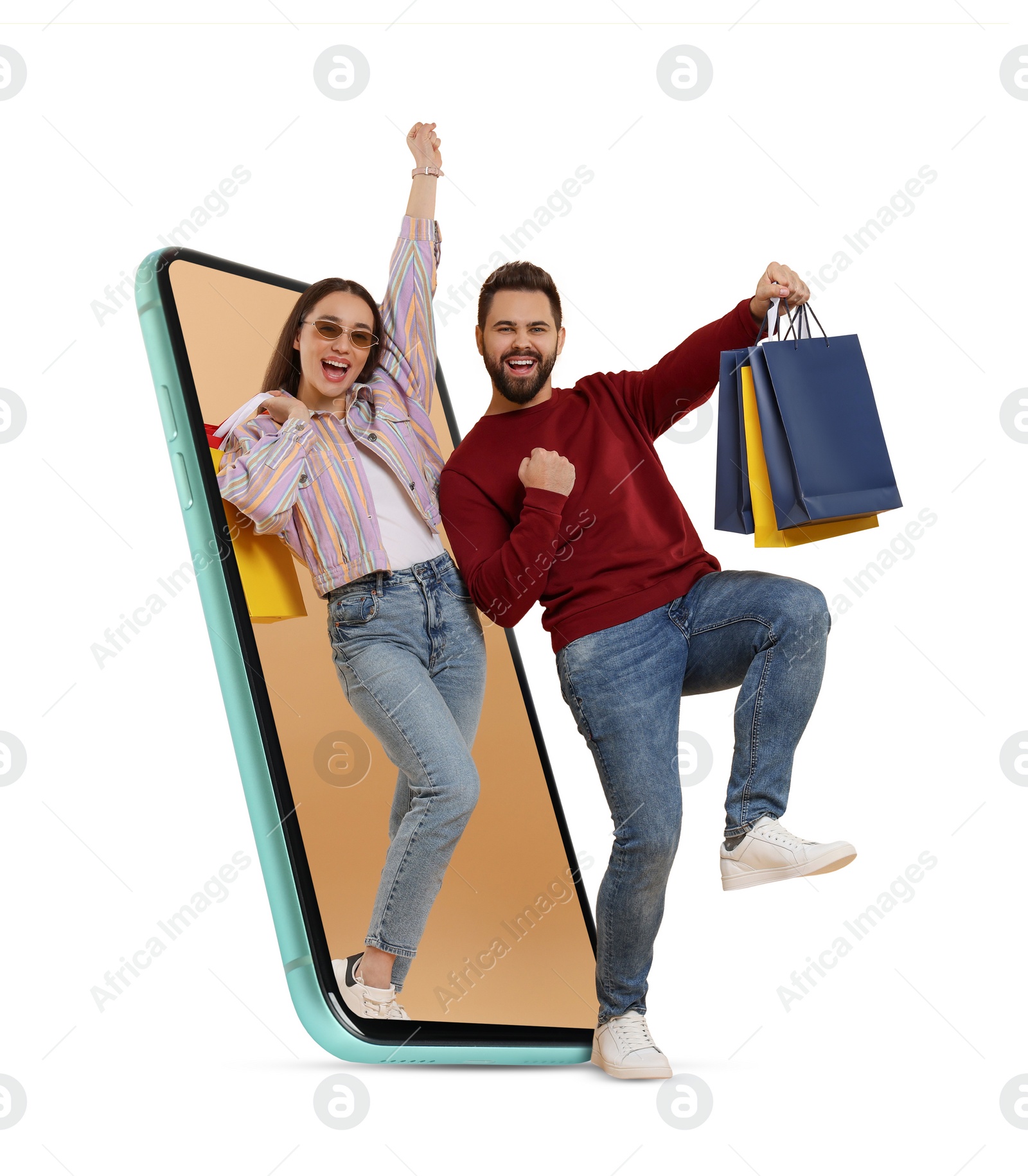 Image of Online shopping. Happy couple with paper bags walking out from smartphone on white background