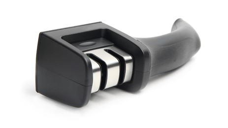 Photo of Modern black handheld sharpener isolated on white