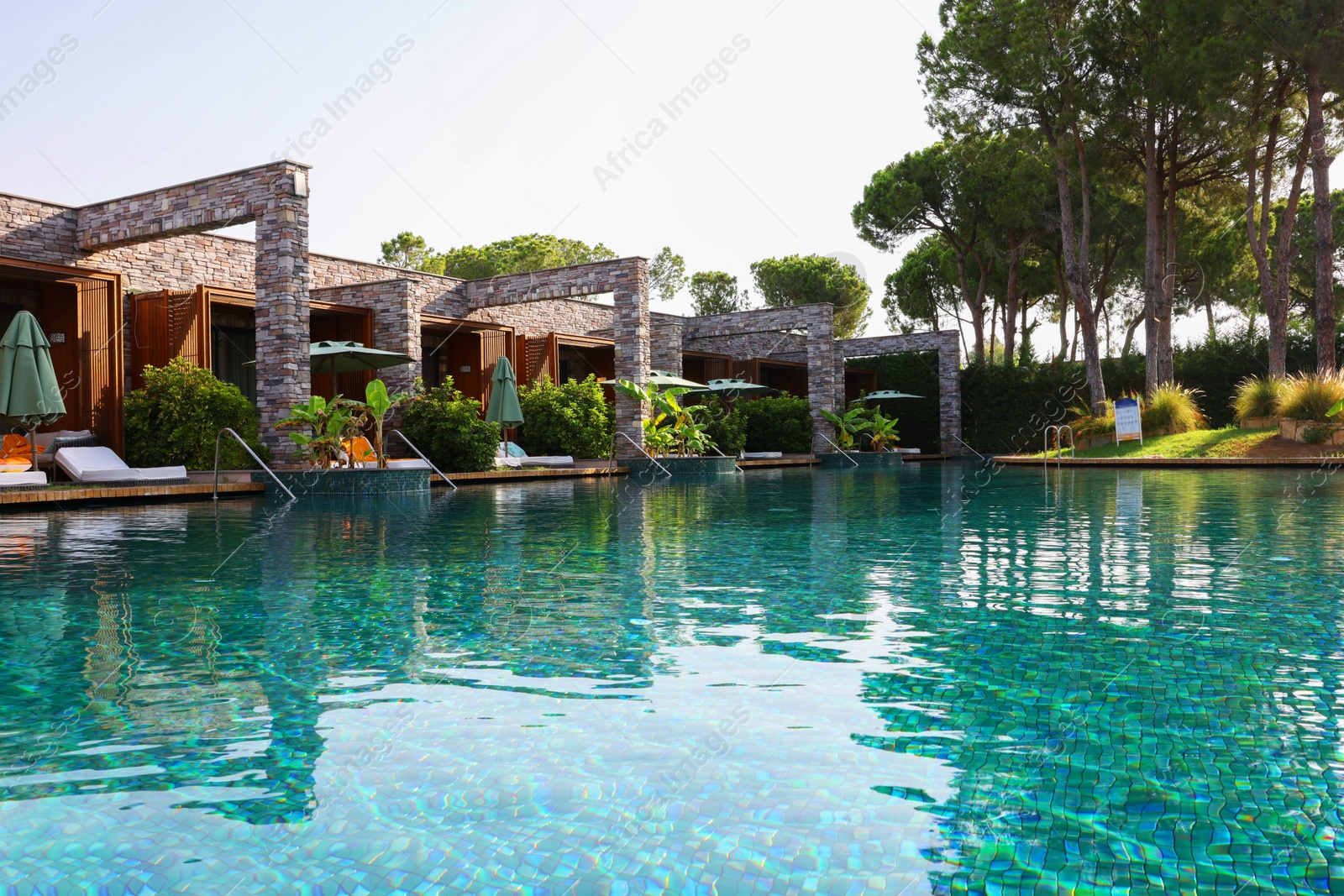 Photo of Swimming pool, exotic plants and sunbeds at luxury resort