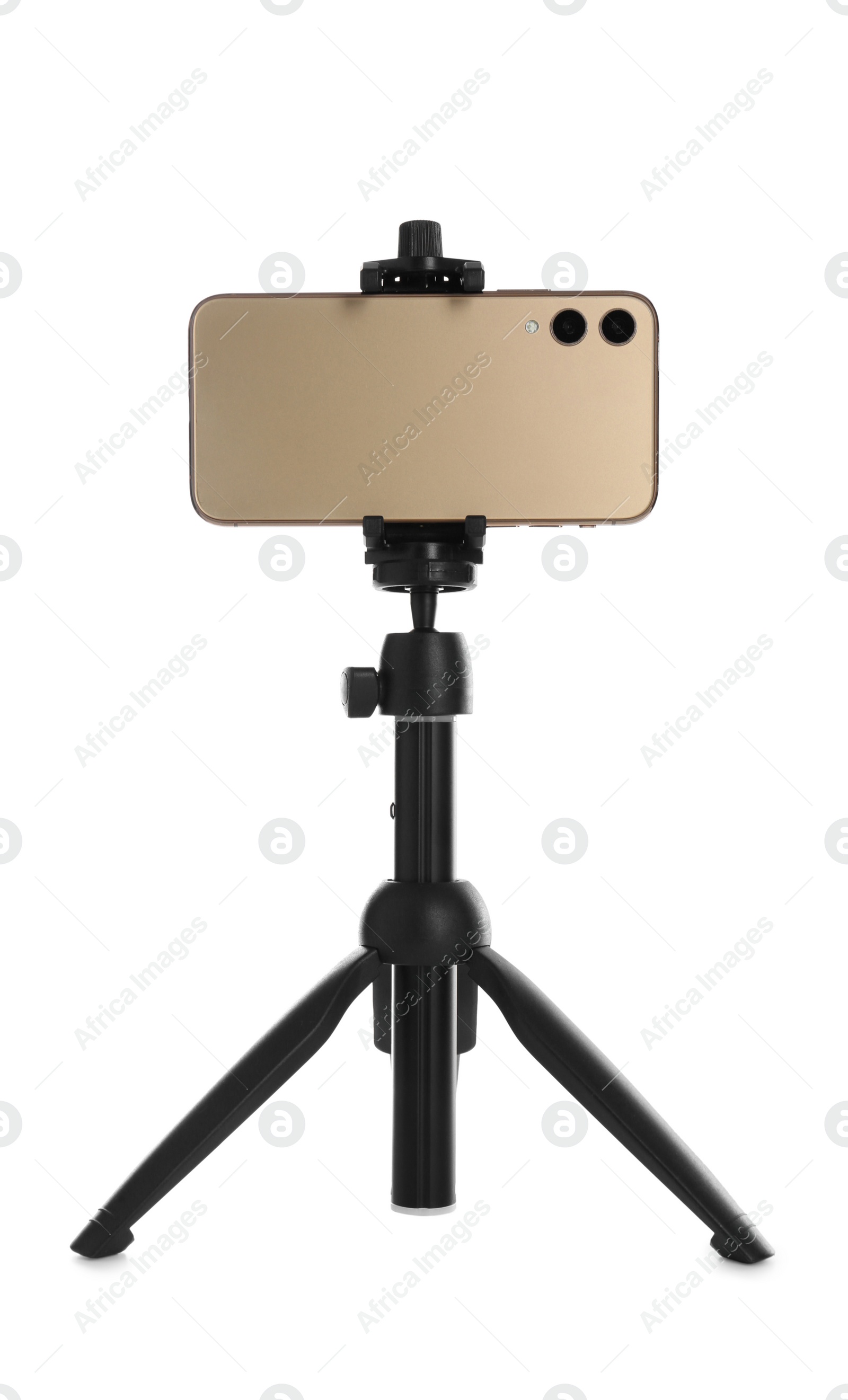 Photo of Smartphone fixed to tripod on white background