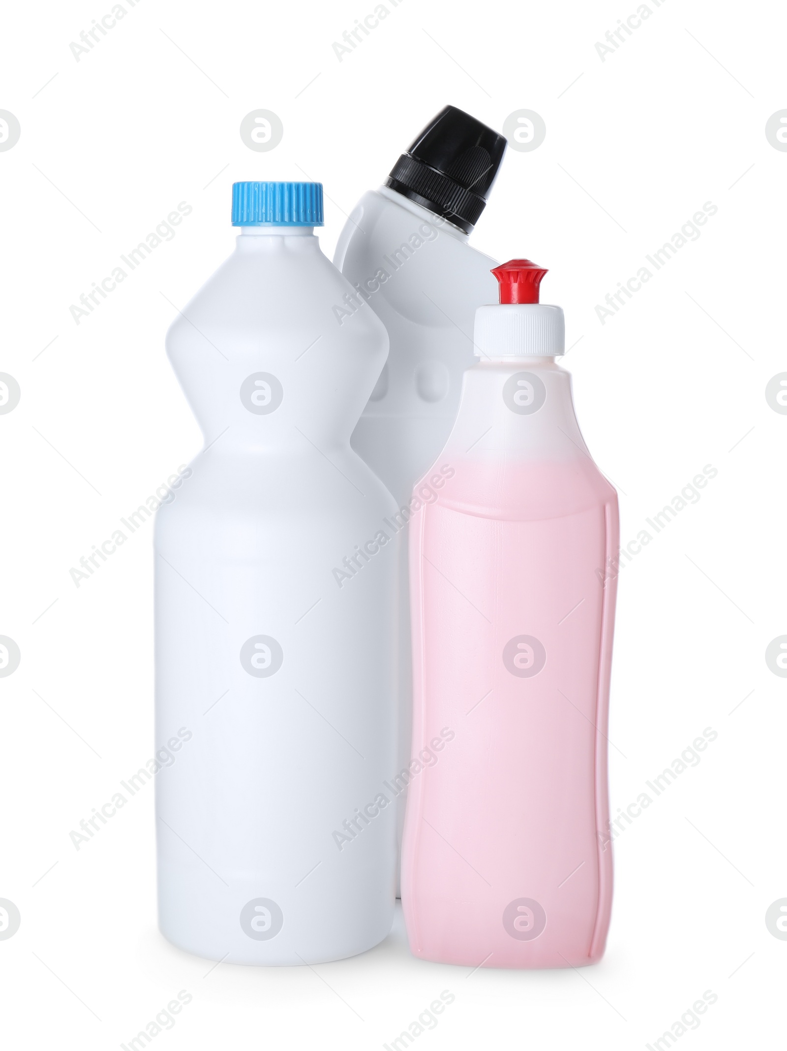 Photo of Bottles with detergent isolated on white. Cleaning supplies