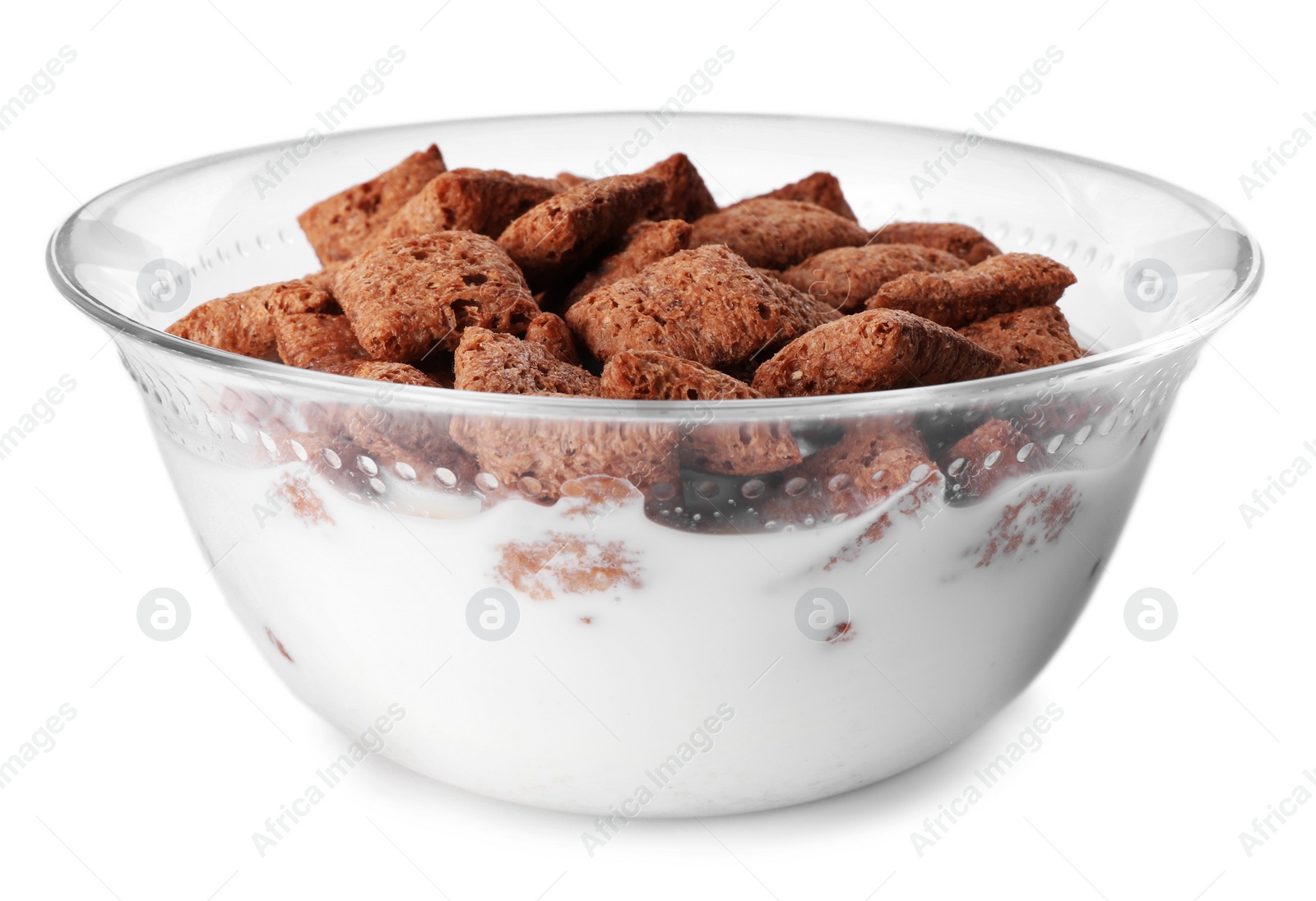 Photo of Tasty corn pads with milk in glass bowl isolated on white