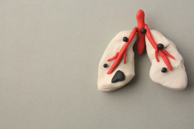 Human lungs made of plasticine on light grey background, top view and space for text. Respiratory disease concept