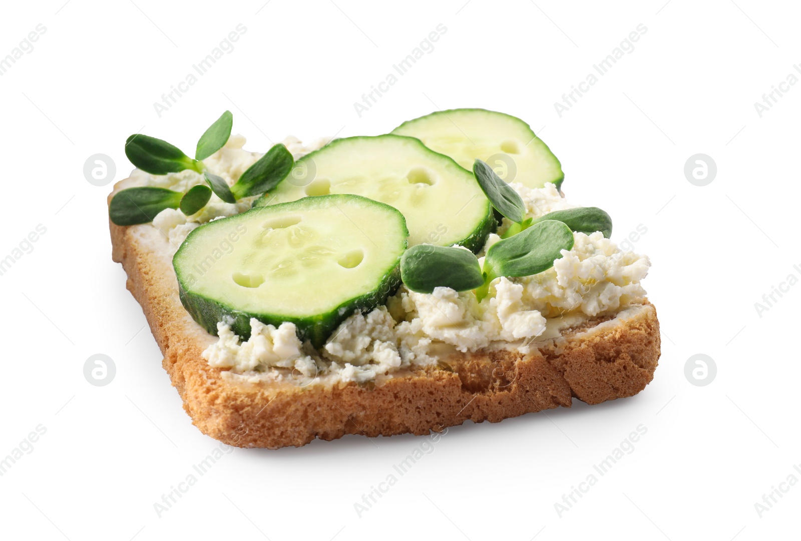 Photo of Tasty toast with cucumber, cream cheese and microgreens isolated on white