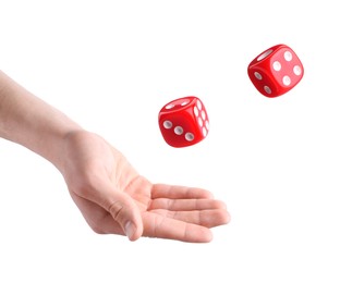 Image of Man throwing red dice on white background, closeup
