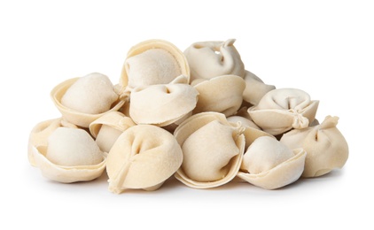 Photo of Raw dumplings on white background. Home cooking