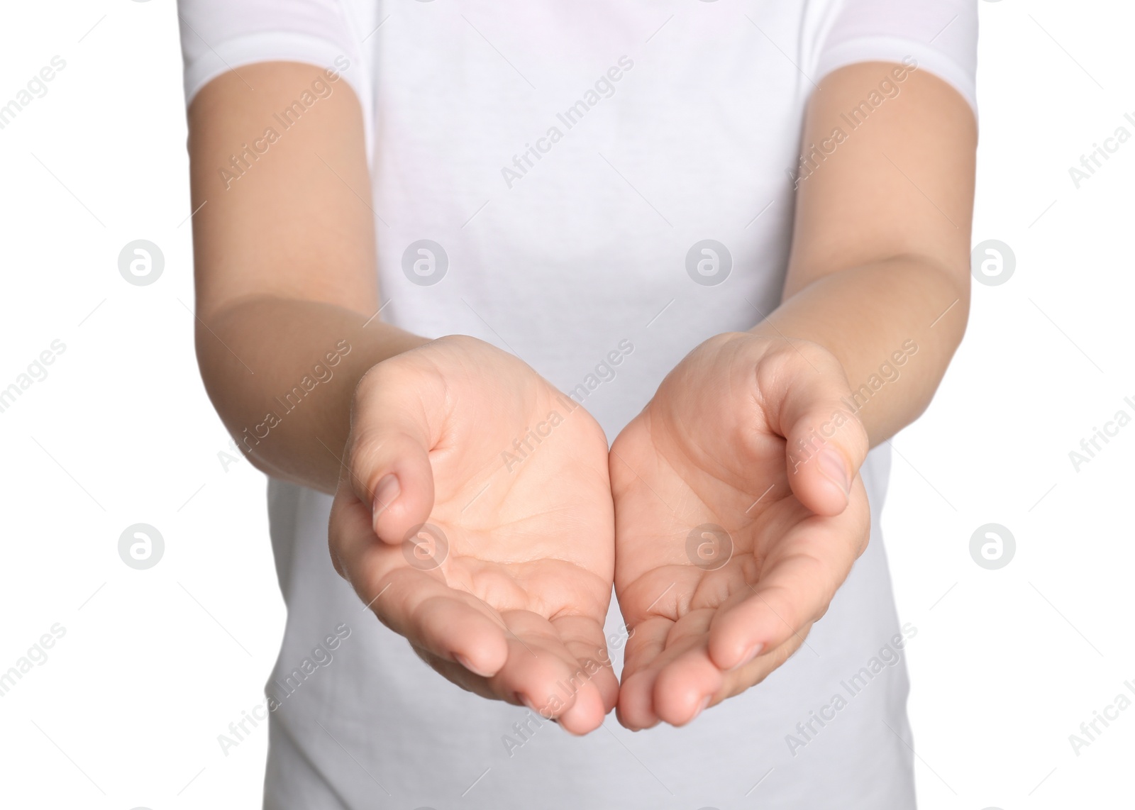 Photo of Woman against white background, closeup on hands