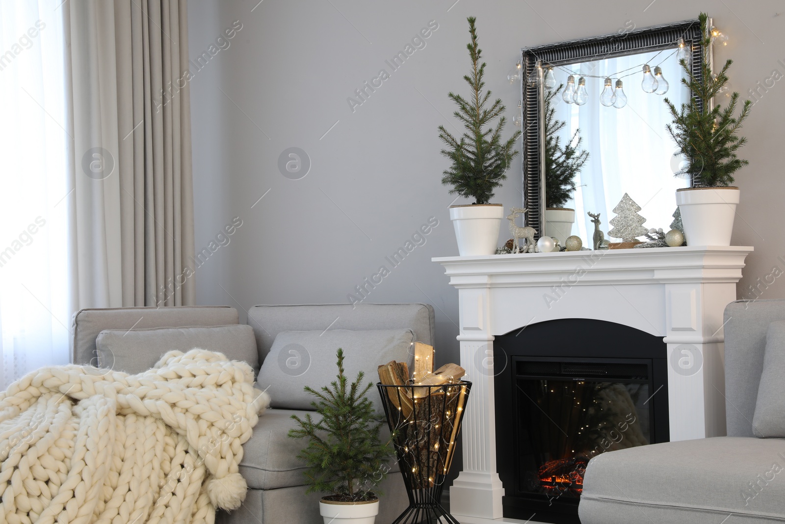 Photo of Stylish living room interior with little fir trees and Christmas decorations