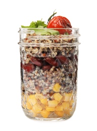 Photo of Jar with healthy quinoa salad and vegetables isolated on white