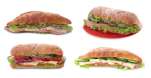 Image of Set with different delicious sandwiches on white background