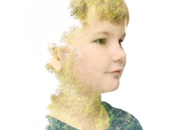 Double exposure of cute boy and green tree on white background