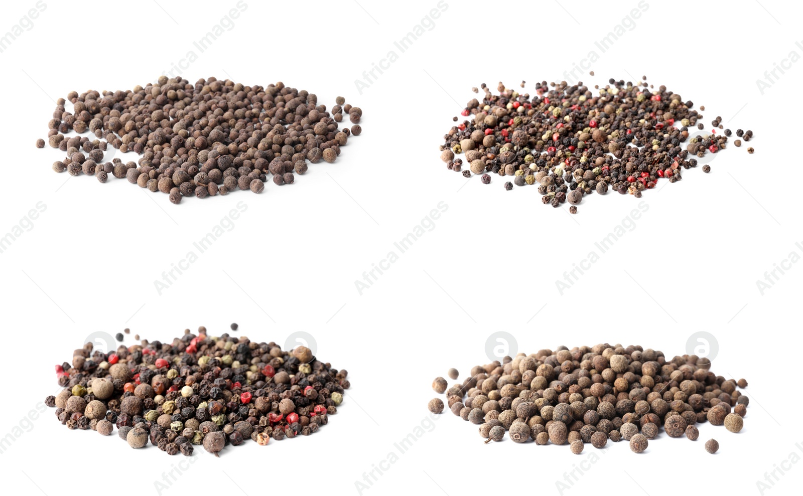 Image of Set of different peppercorns on white background